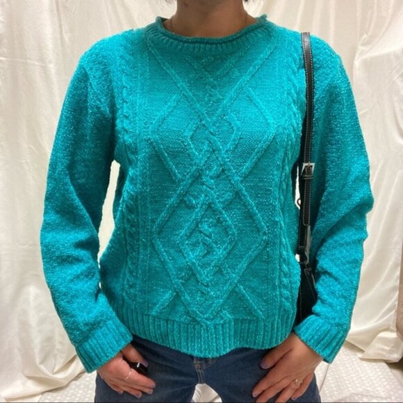 Vintage Evan Picone Chenille Cable Knit Teal Blue Sweater - Picture 3 of 12